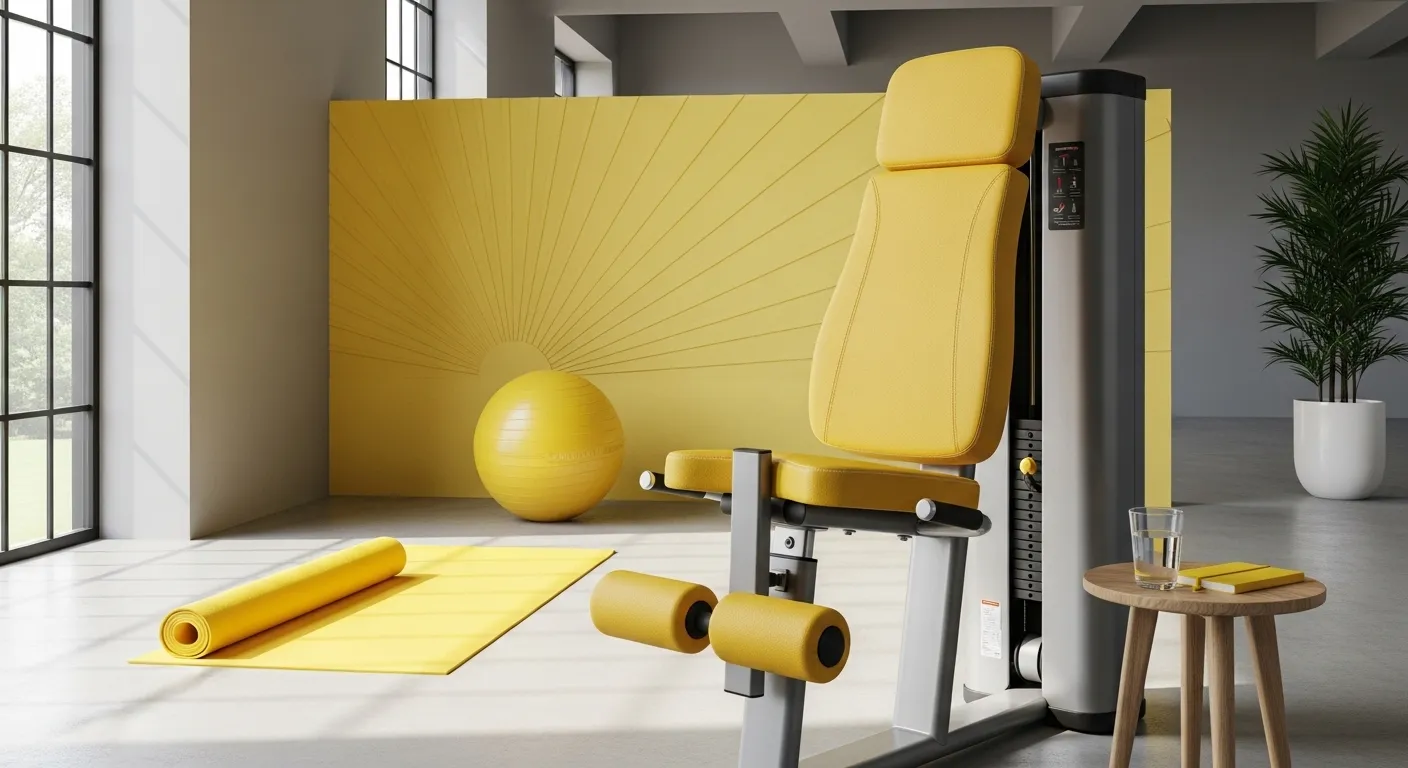 Modern home gym featuring a vibrant yellow accent wall and sleek black fitness equipment