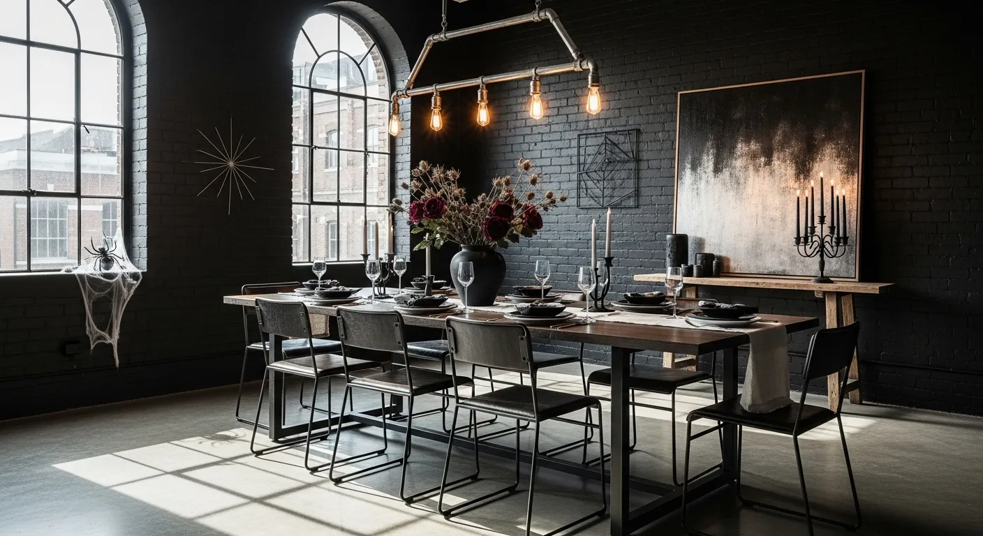 Modern industrial dining room featuring matte black furniture and exposed brick textures