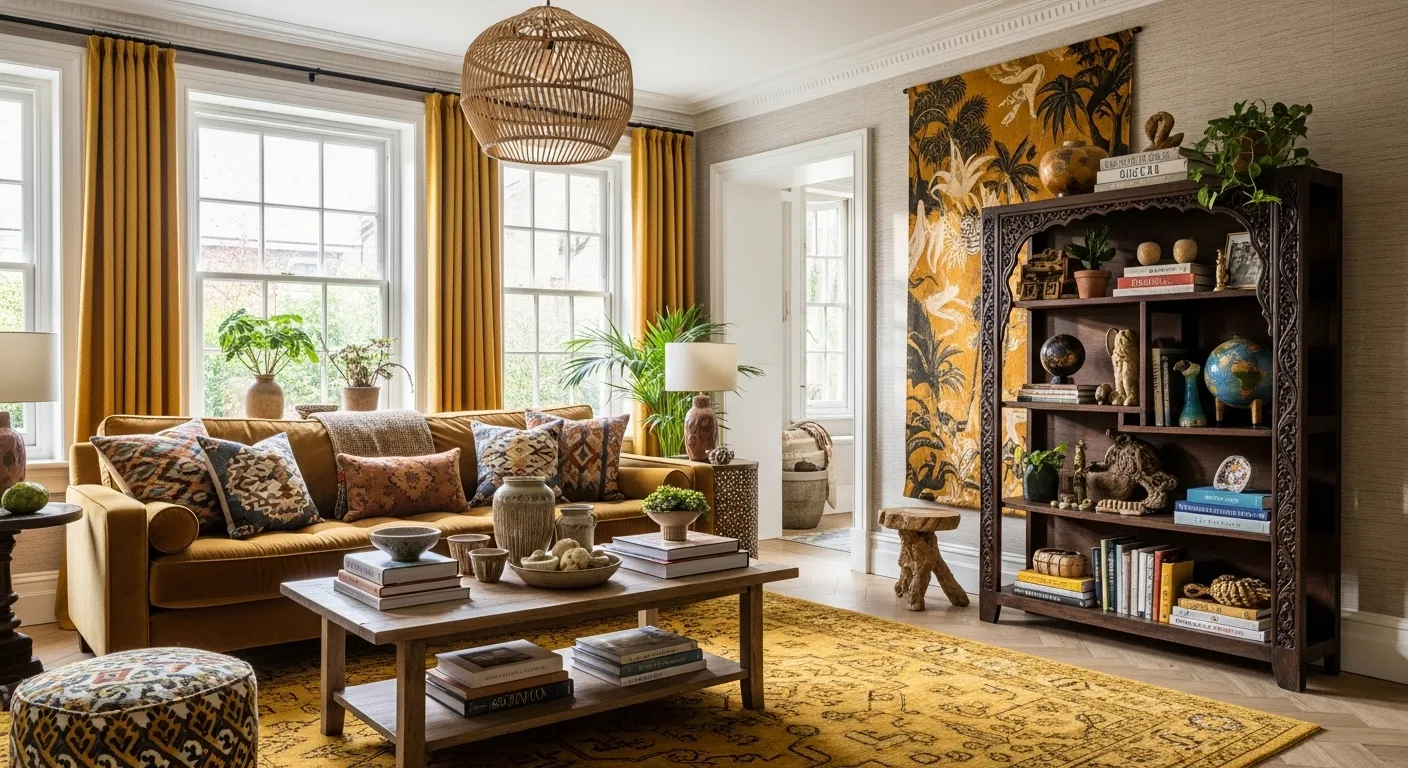 Boho living room with mustard sofa, gold rug, carved bookshelf, lush plants.