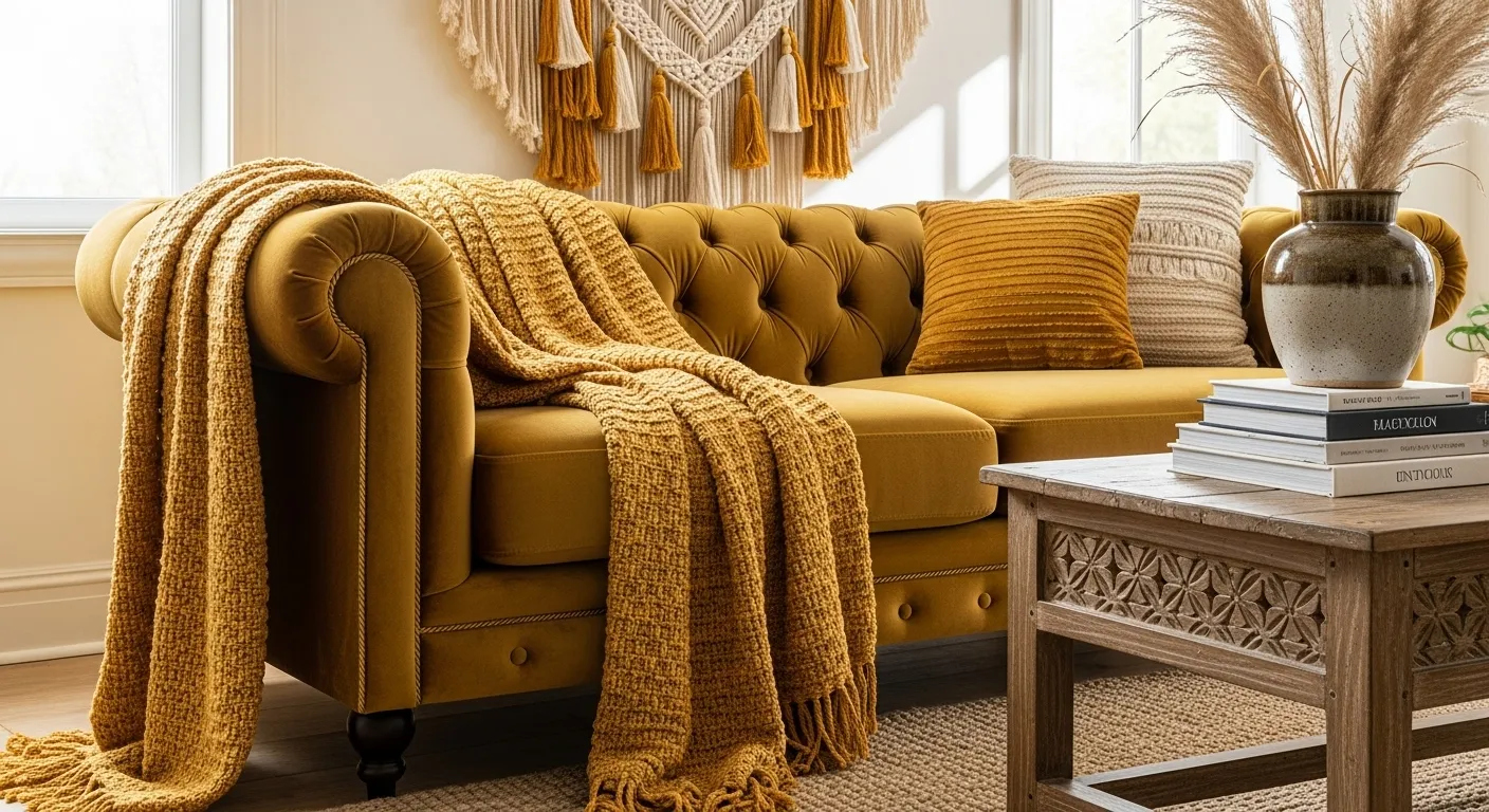Mustard tufted sofa with knit throws, macrame wall hanging, carved wood table