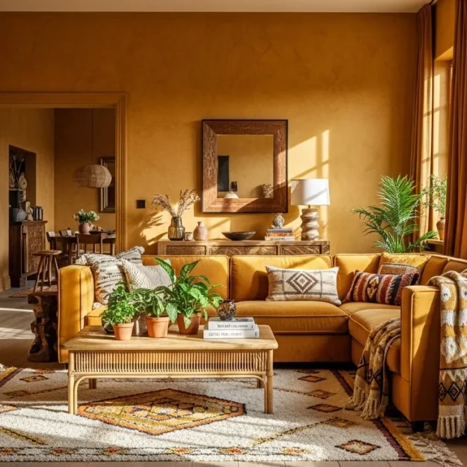 Sunlit bohemian living room with mustard sectional, layered textiles, and leafy plants