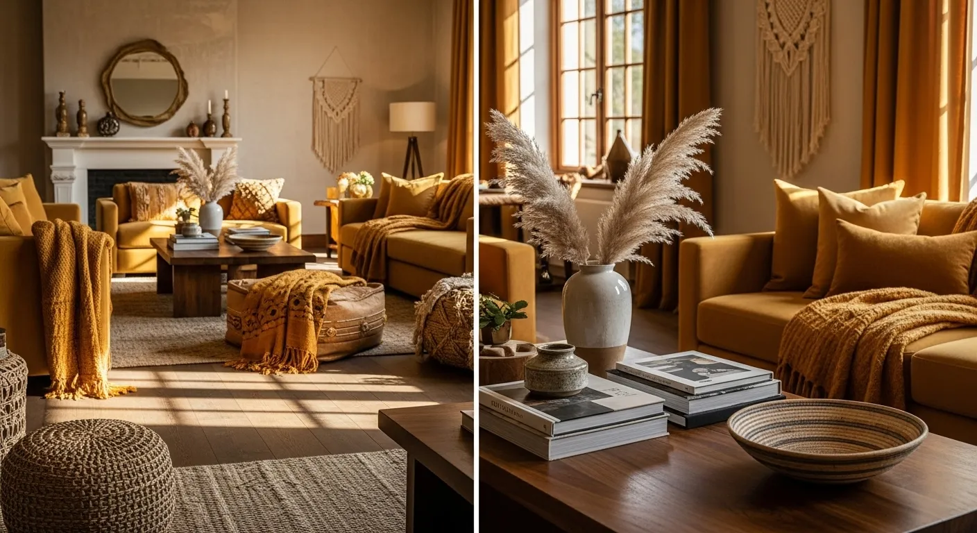 Sunlit bohemian living room with mustard sofa, pampas grass, and wood coffee table