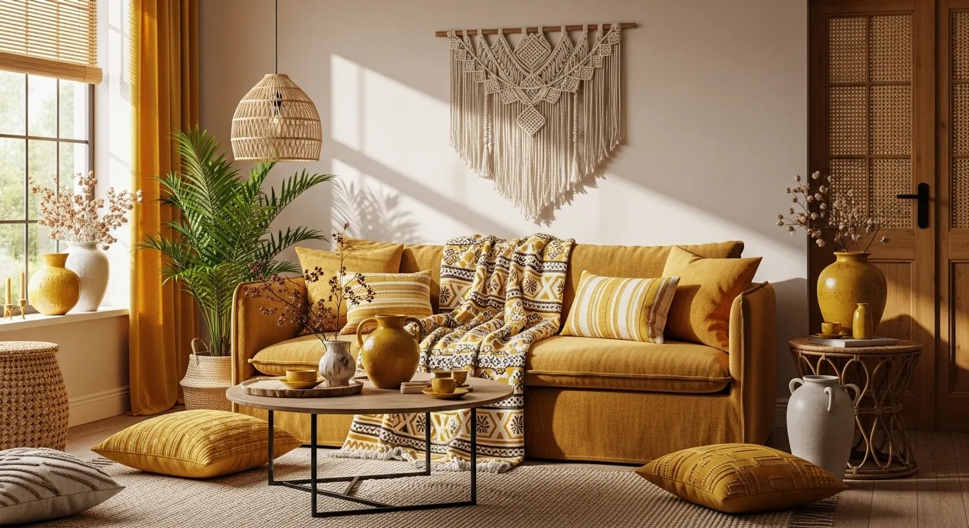 Mustard bohemian living room with cozy sofa, macrame wall art, and rattan pendant