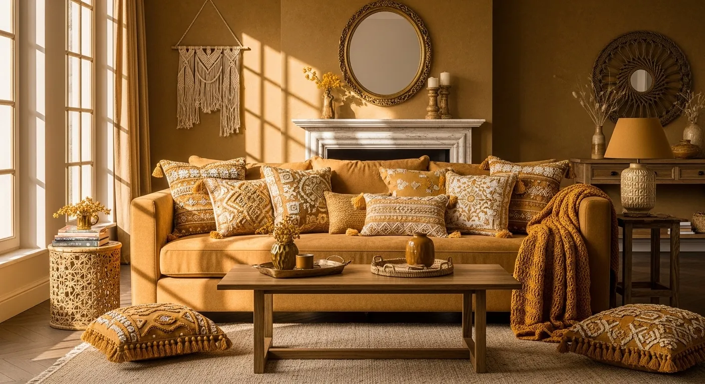 Mustard bohemian living room with layered pillows, wood coffee table, and warm light
