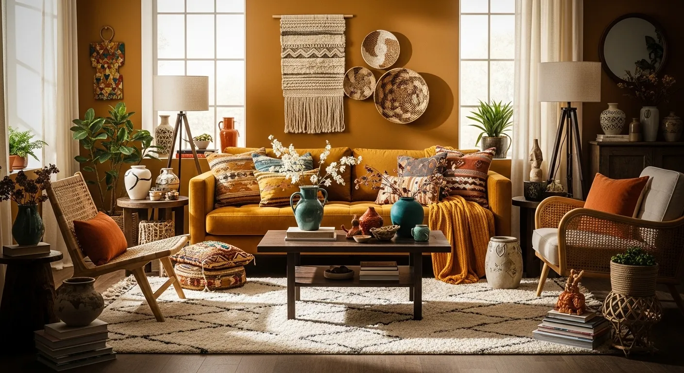 Mustard boho living room with textured pillows, rattan chairs, and woven wall decor