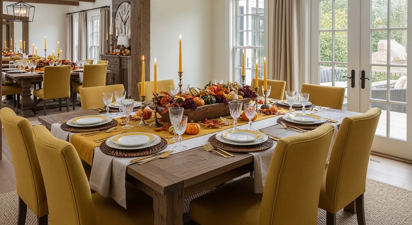 Rustic farmhouse dining room featuring warm mustard walls and a natural wood table
