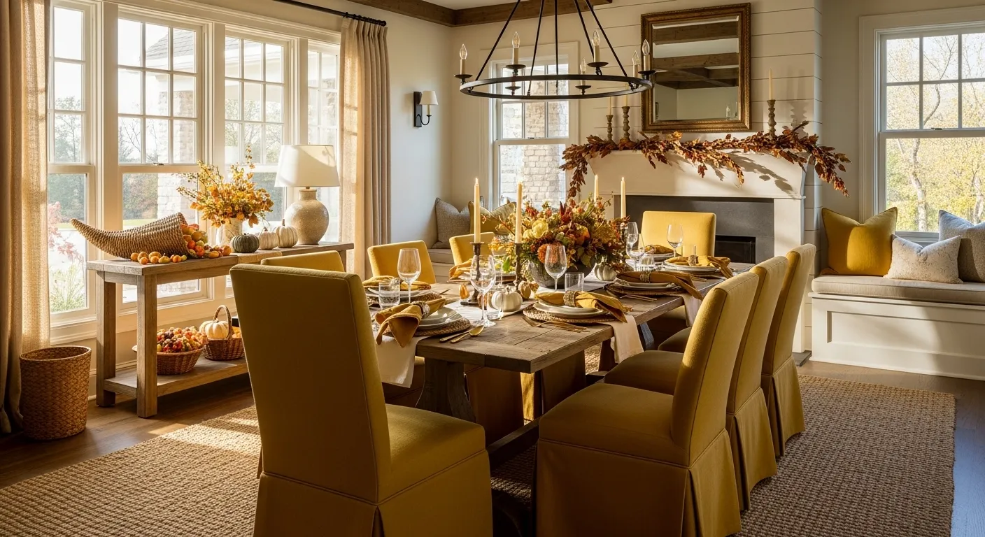 Farmhouse dining room with mustard yellow walls and rustic wood furniture