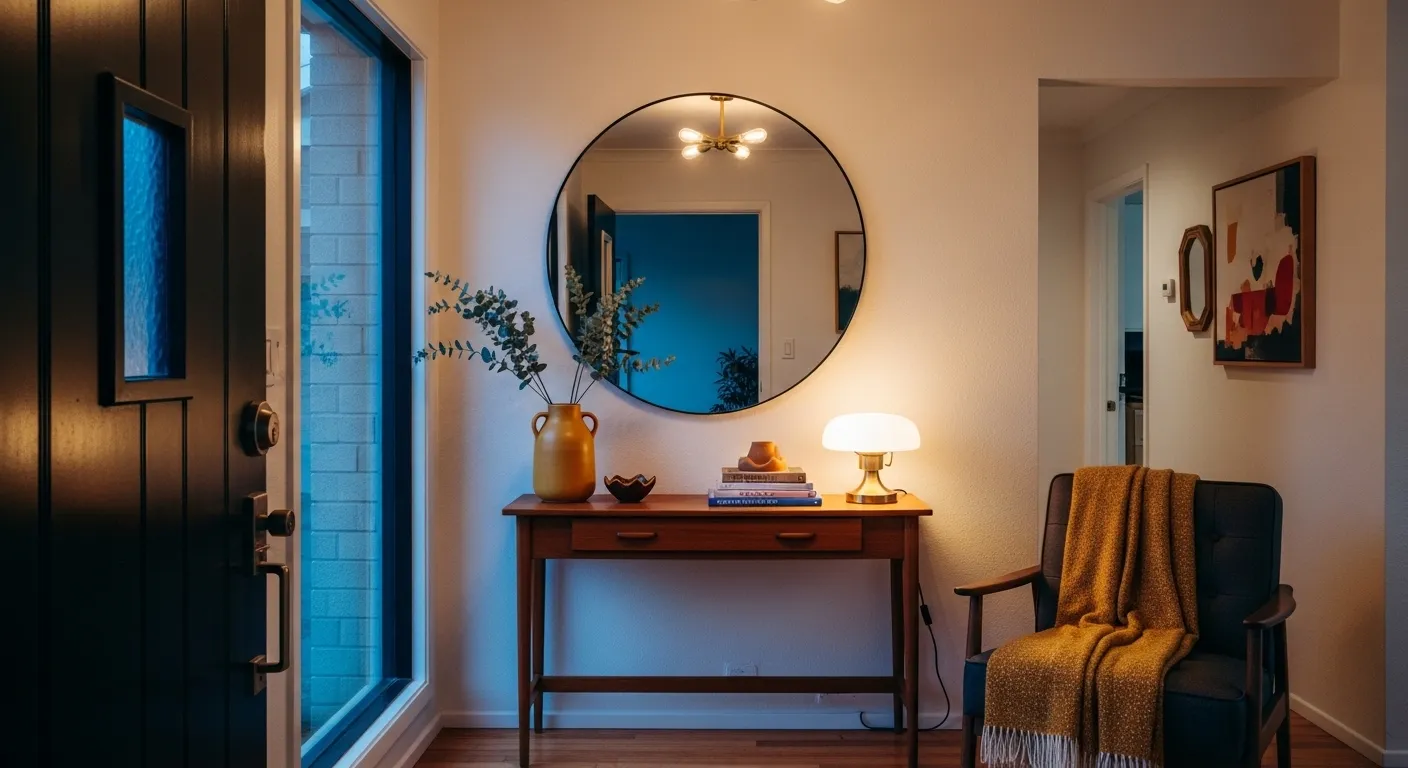 Mid-century modern entryway featuring a vibrant mustard accent wall and walnut console table