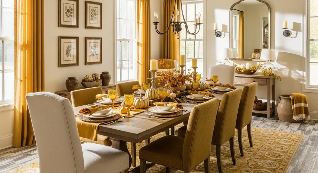 Rustic farmhouse dining room featuring mustard yellow chairs and natural wood table