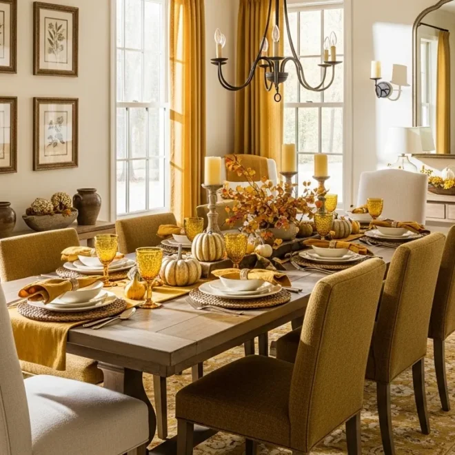 Rustic farmhouse dining room featuring mustard yellow chairs and natural wood table