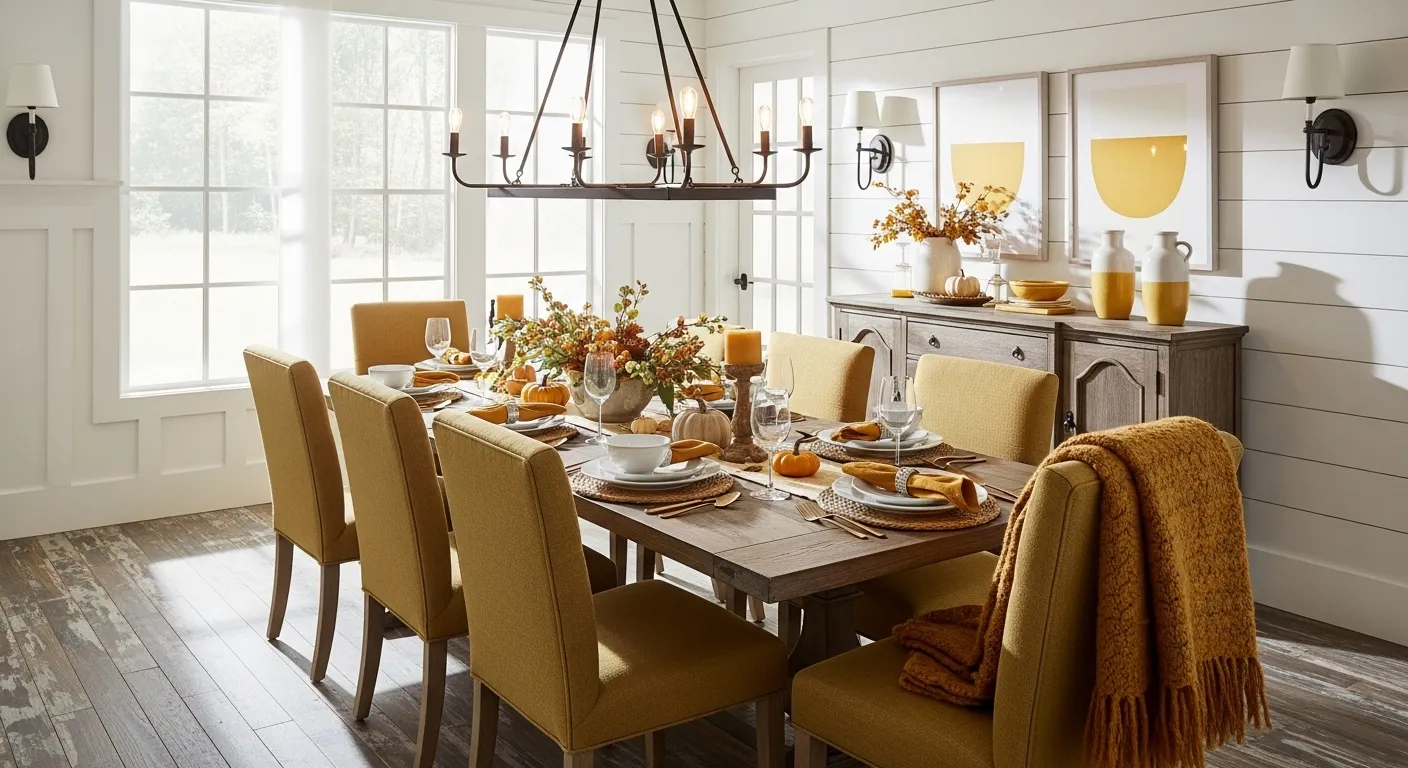 Rustic farmhouse dining table featuring mustard yellow chairs and vintage wooden textures