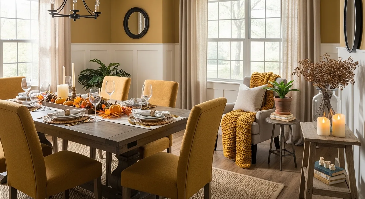 Rustic farmhouse dining room featuring mustard yellow upholstered chairs and a natural wood table