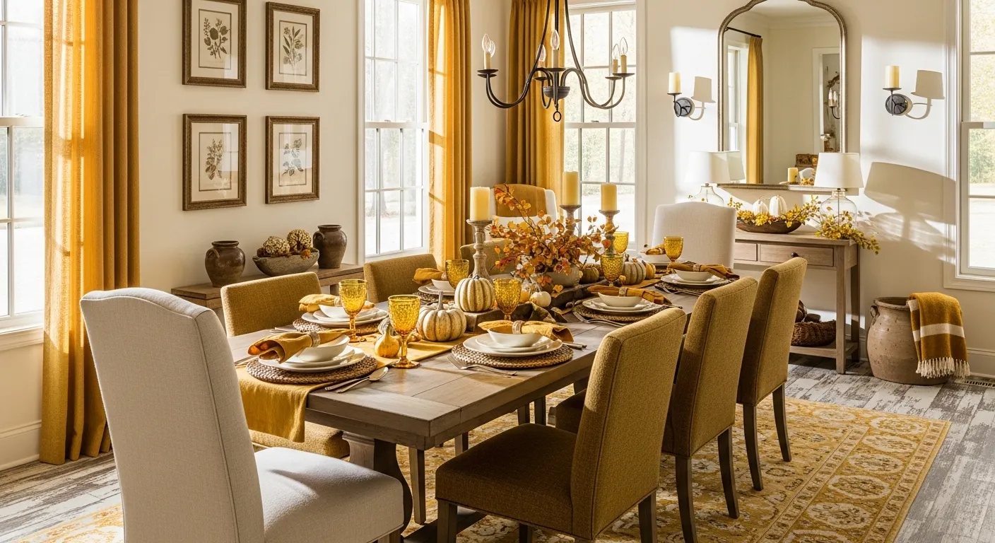 Rustic farmhouse dining room featuring mustard yellow chairs and natural wood table