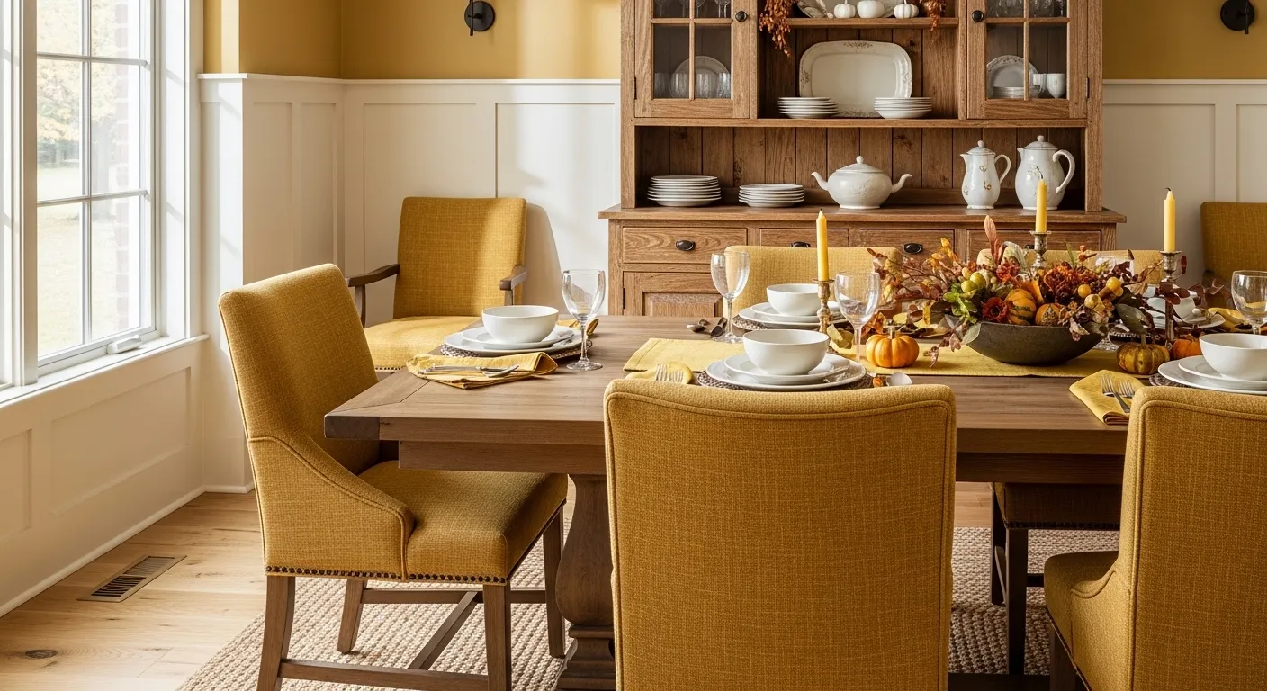 Rustic farmhouse dining room featuring mustard yellow upholstered chairs and a reclaimed wood table