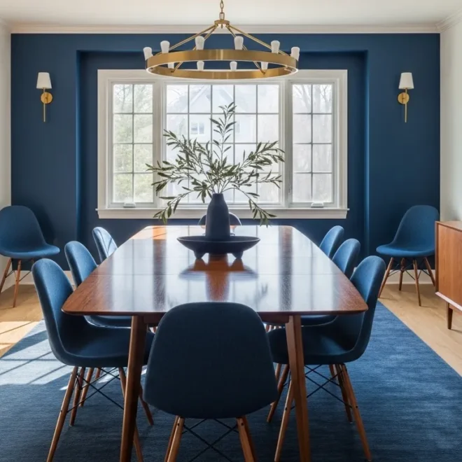 Navy blue dining room featuring a walnut mid-century modern table and wishbone chairs