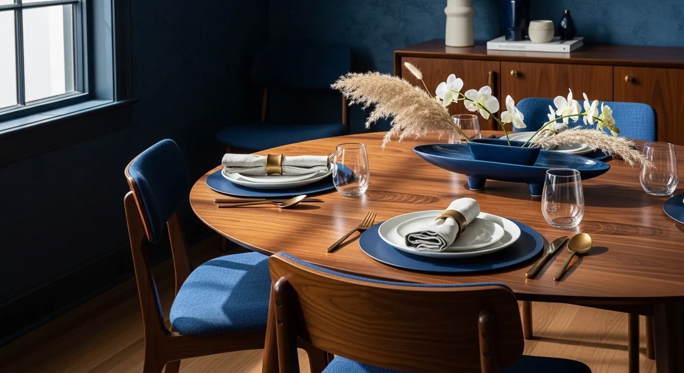 Navy blue mid-century modern dining room with walnut table and brass chandelier