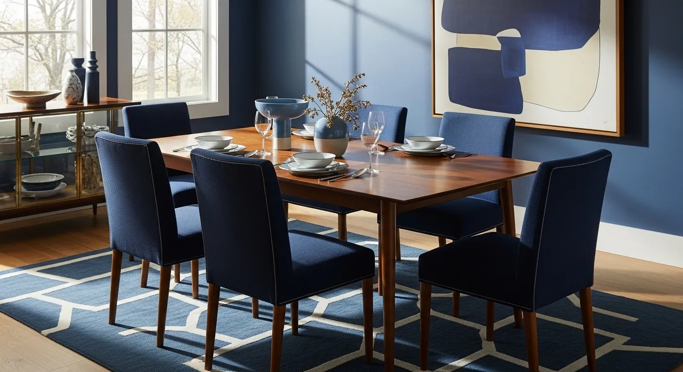 Navy blue mid-century modern dining room featuring walnut table and brass lighting