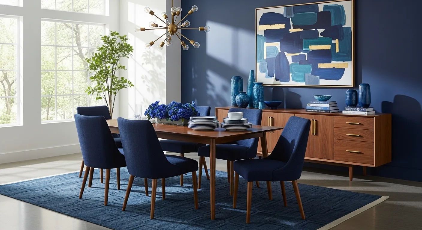 Navy blue mid-century modern dining room with walnut table and brass chandelier
