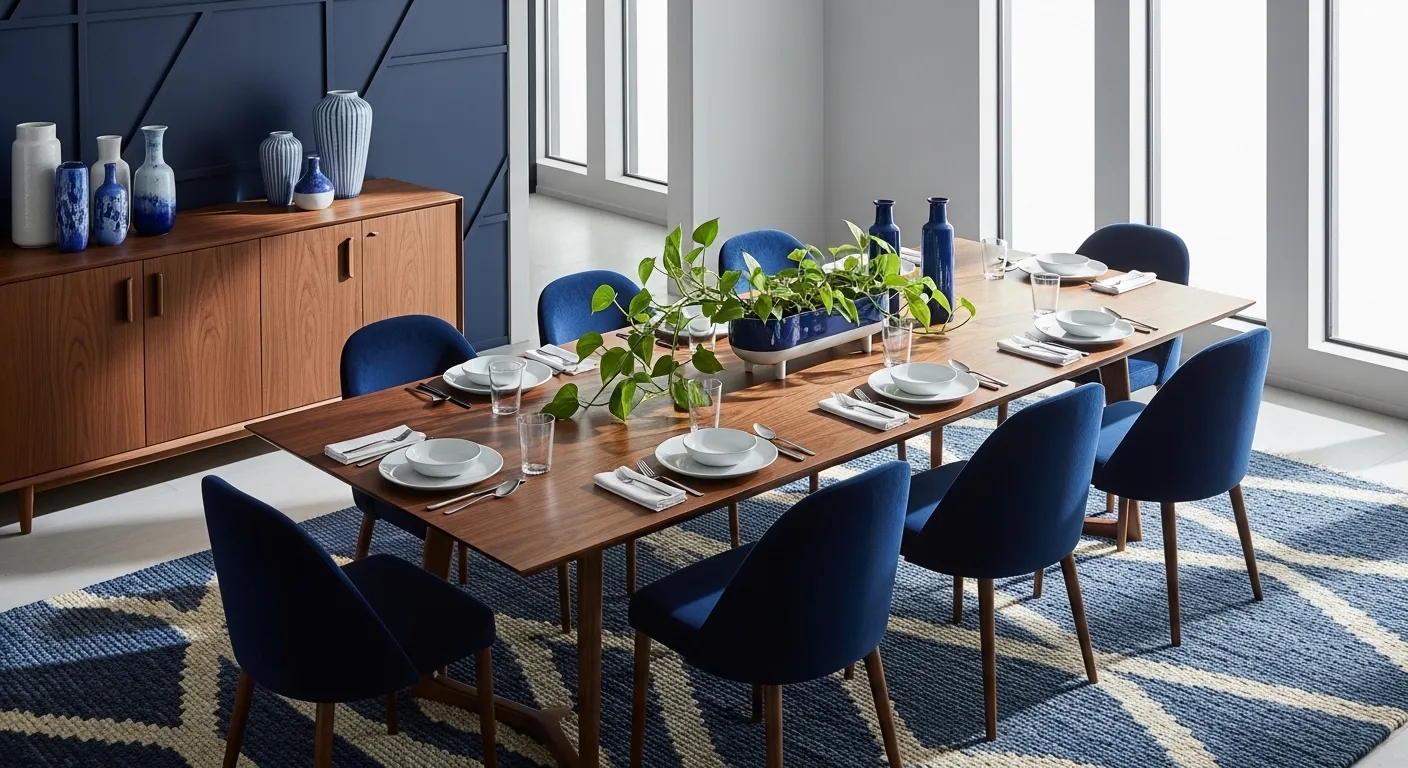 Mid-century modern dining room featuring navy blue walls and walnut wood furniture