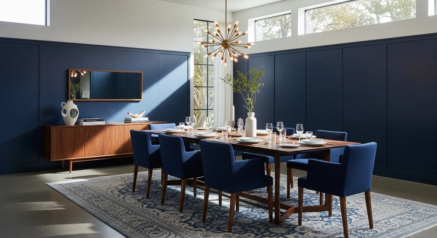 Navy blue mid-century modern dining room with walnut table and brass chandelier