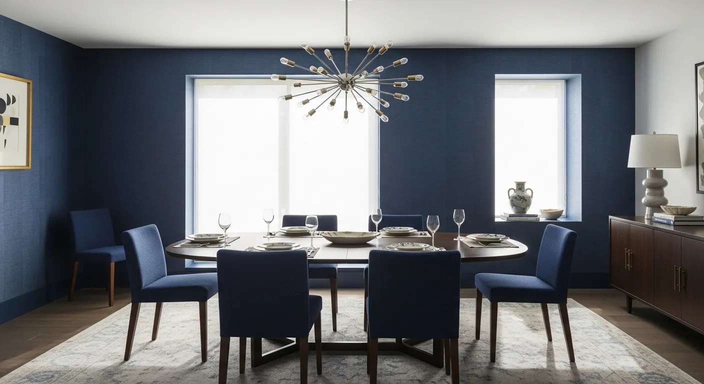 Navy blue dining room featuring mid-century walnut table and brass lighting
