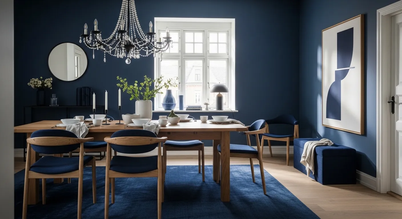 Modern Scandinavian dining room featuring deep navy walls and light oak wood furniture