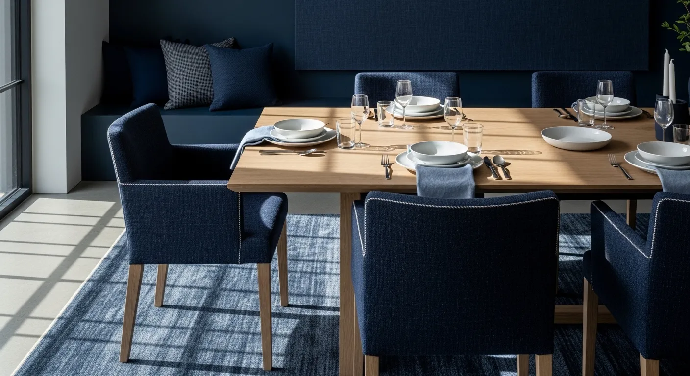 Modern Scandinavian dining room featuring a navy blue wall and light wood furniture