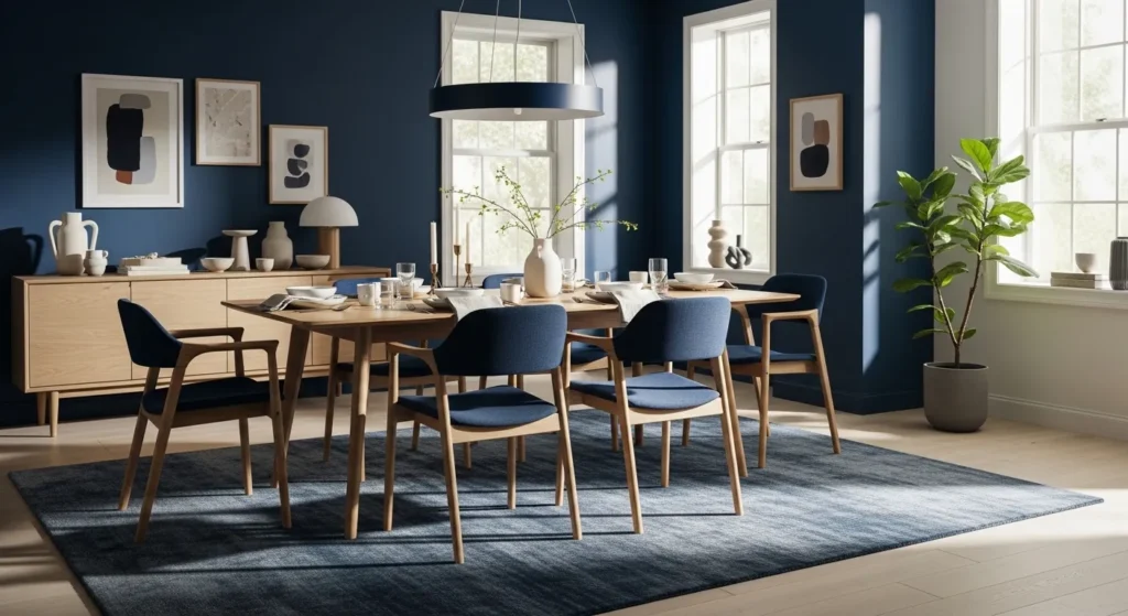 Scandinavian dining room featuring navy blue feature wall and light oak furniture