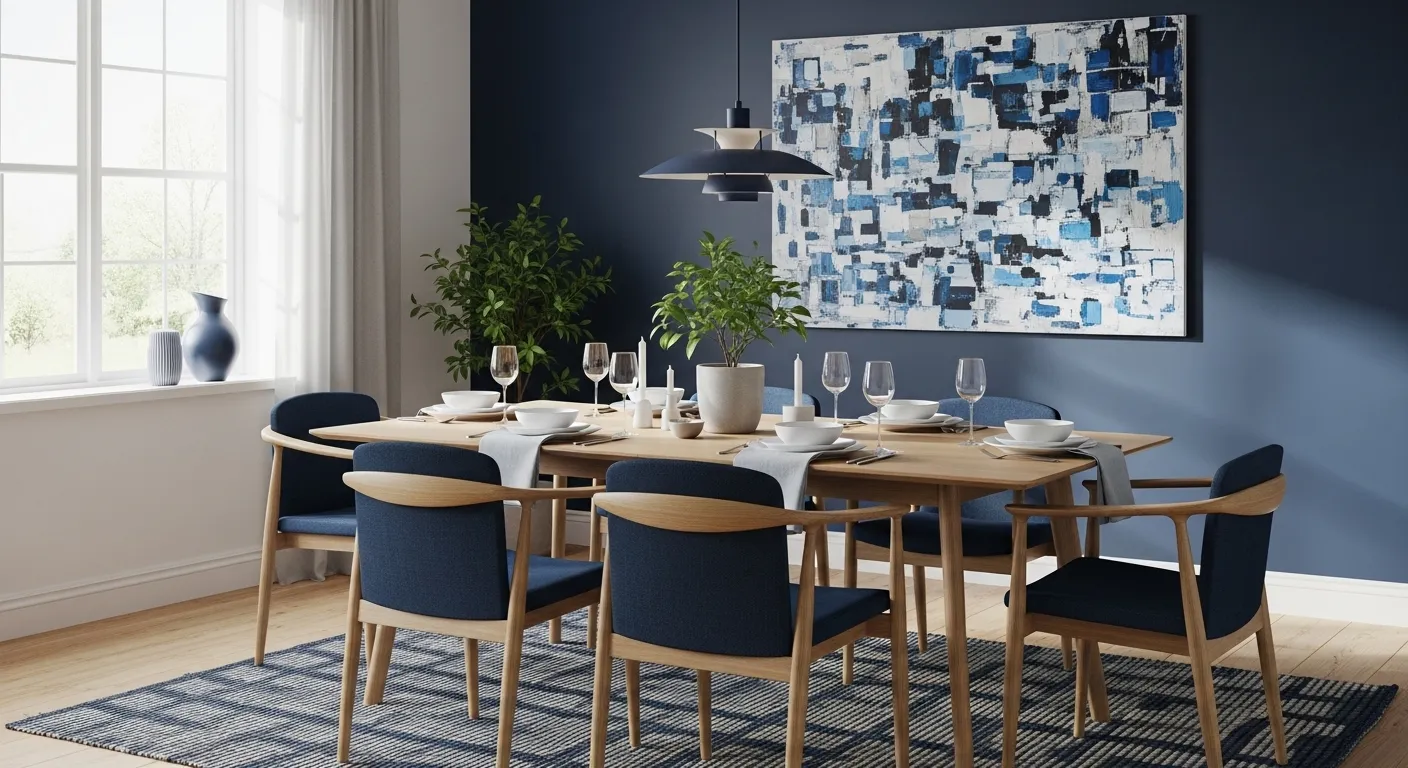 Modern Scandinavian dining room featuring deep navy walls and light oak furniture