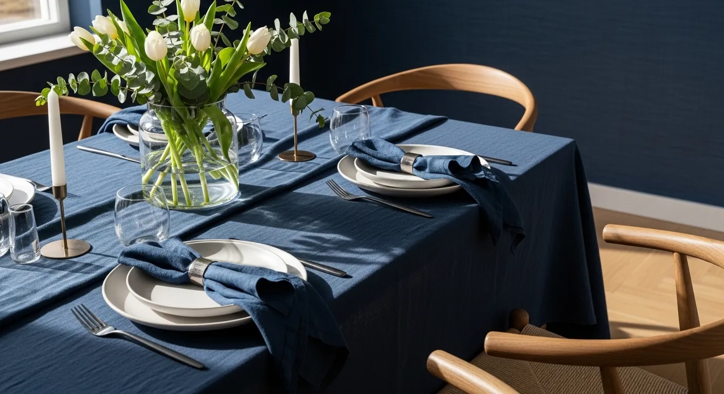 Modern Scandinavian dining room featuring a deep navy blue wall and light wood furniture