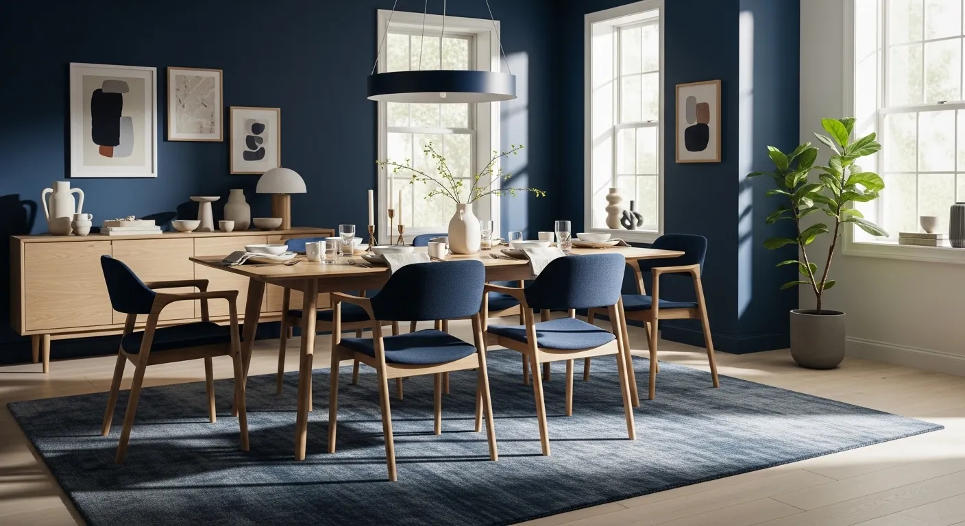 Scandinavian dining room featuring navy blue feature wall and light oak furniture