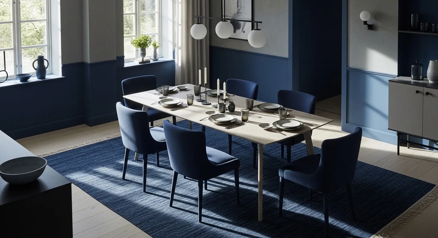 Modern Scandinavian dining room featuring navy walls and light oak furniture