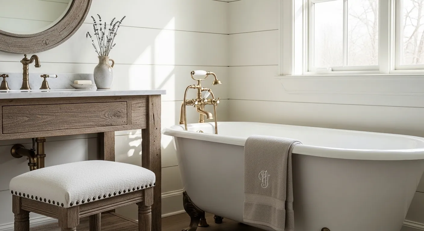 Bright off-white farmhouse bathroom featuring shiplap walls and rustic wood accents