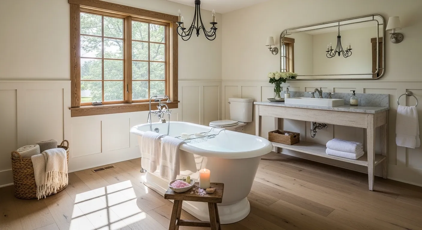 Bright off-white farmhouse bathroom featuring shiplap walls and rustic wood accents