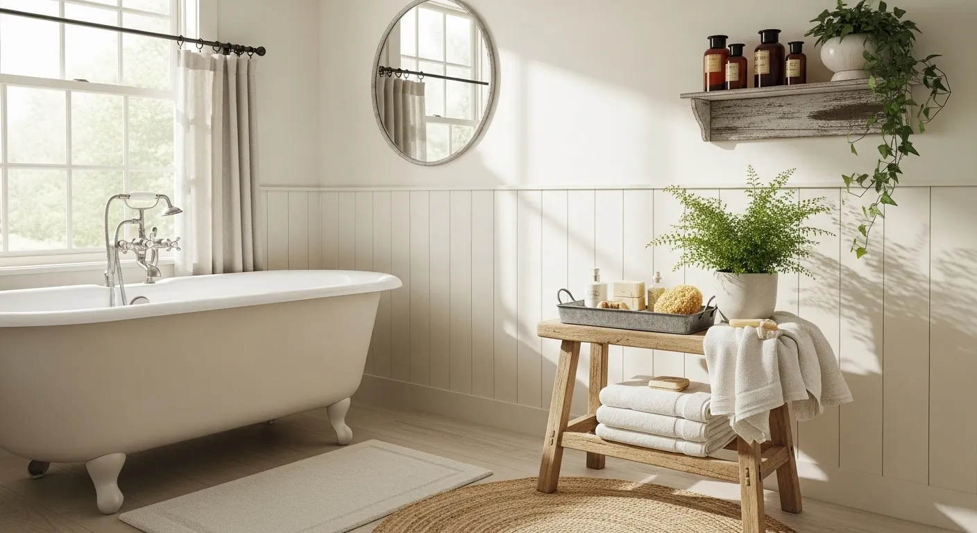 Bright off-white farmhouse bathroom featuring shiplap walls and rustic wood accents