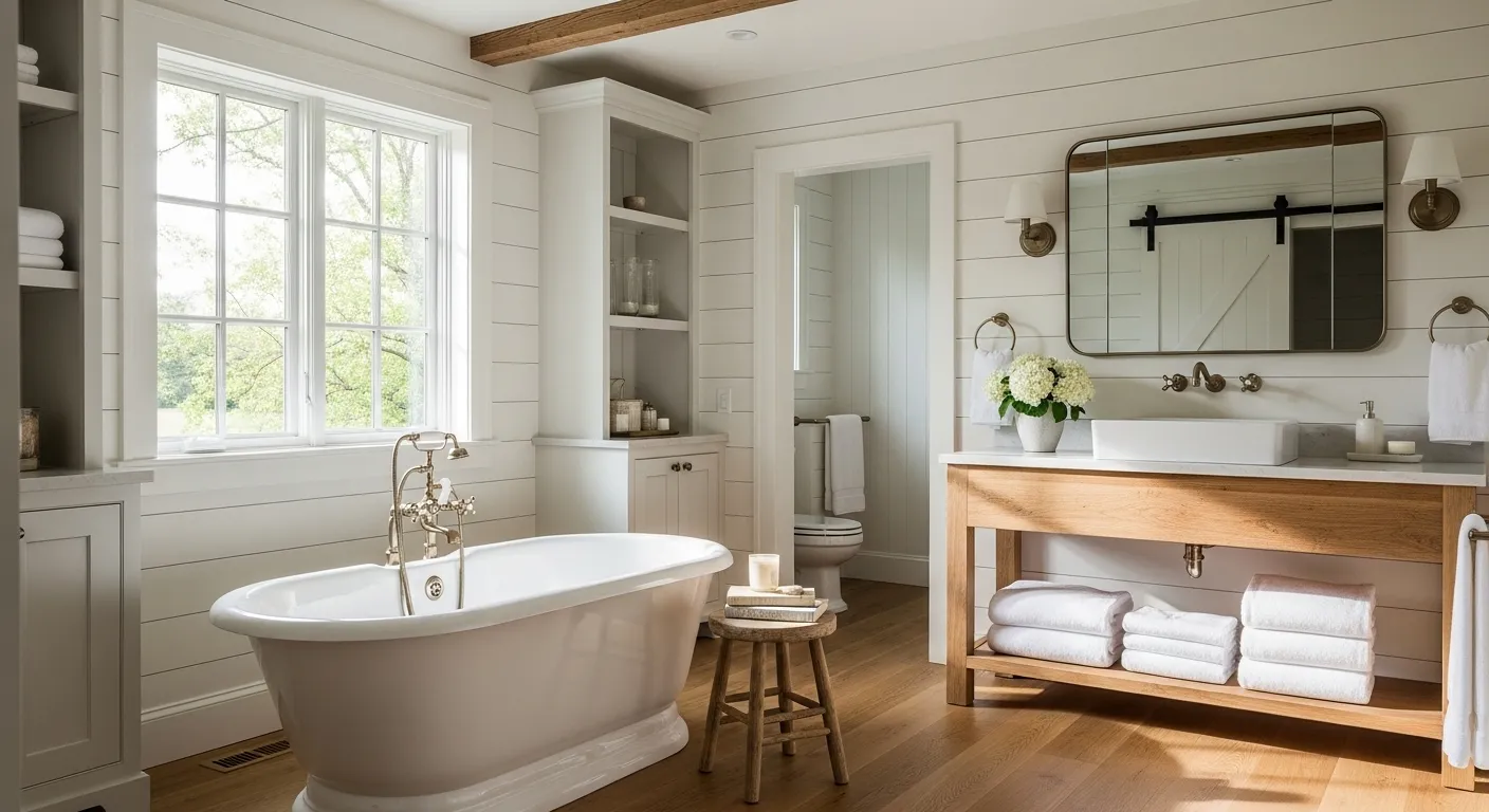 Bright off-white farmhouse bathroom featuring shiplap walls and rustic wood accents