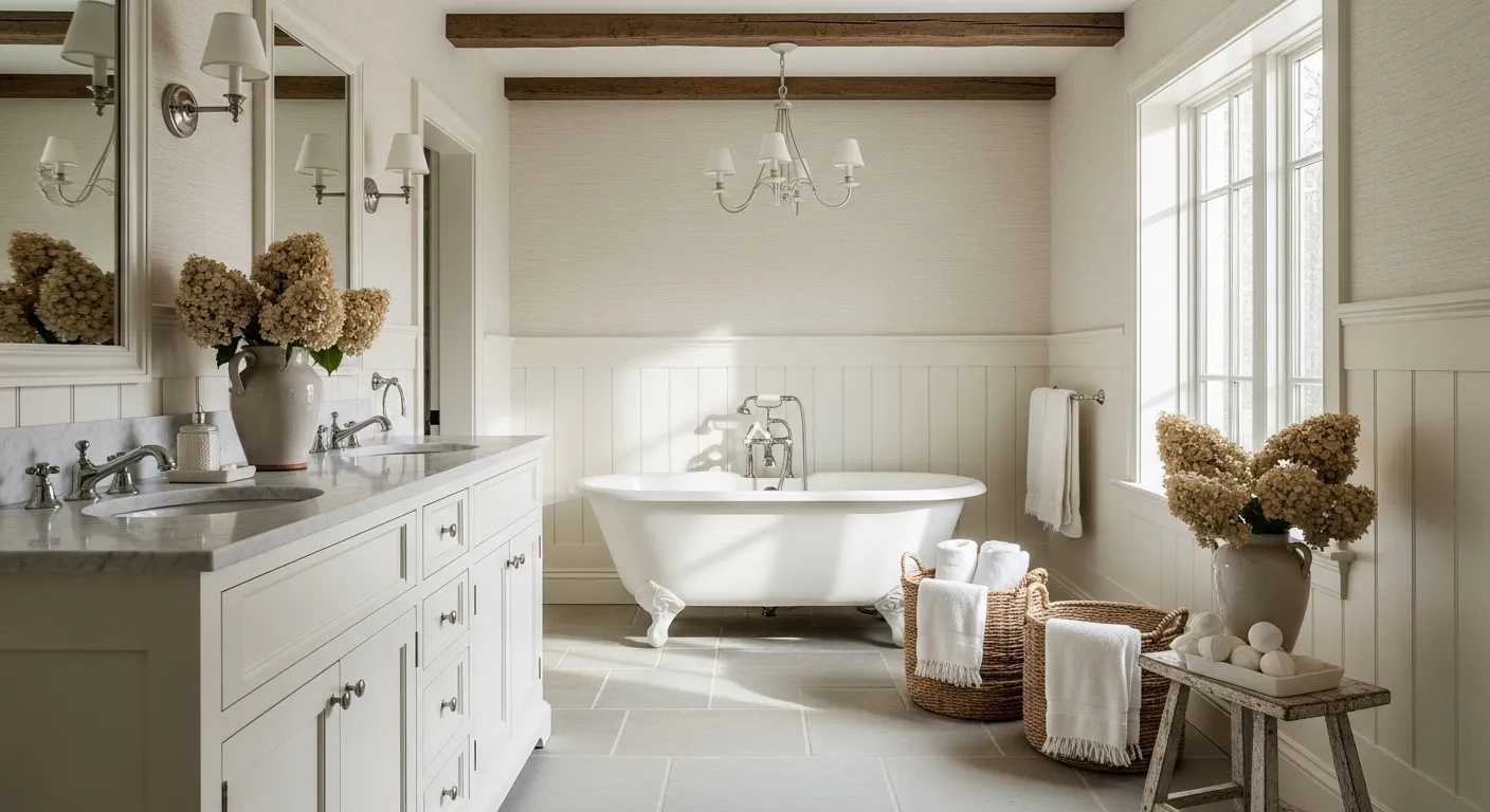Bright off-white farmhouse bathroom featuring rustic wood vanity and vintage black hardware