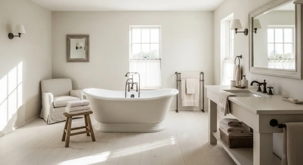 Rustic off-white farmhouse bathroom featuring shiplap walls and vintage decor accents