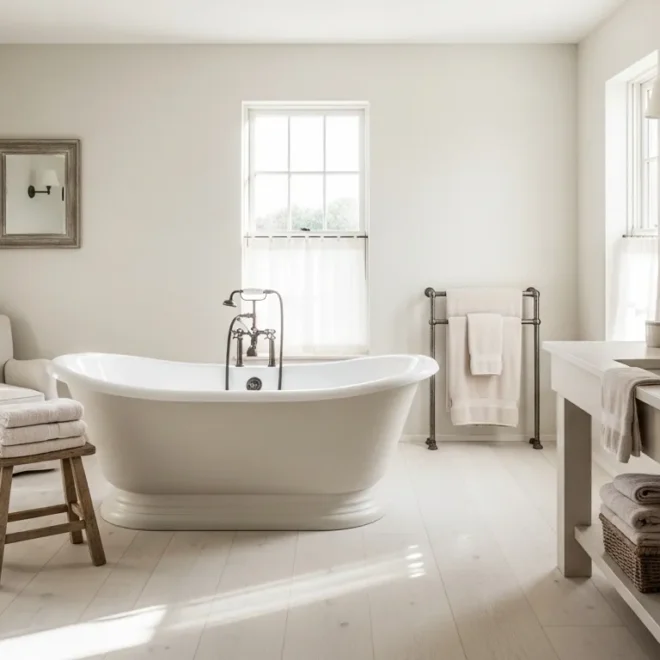 Rustic off-white farmhouse bathroom featuring shiplap walls and vintage decor accents