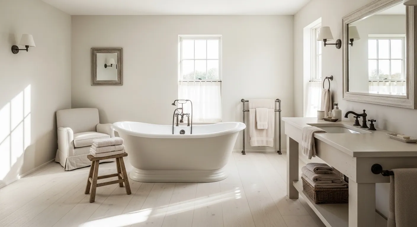 Rustic off-white farmhouse bathroom featuring shiplap walls and vintage decor accents