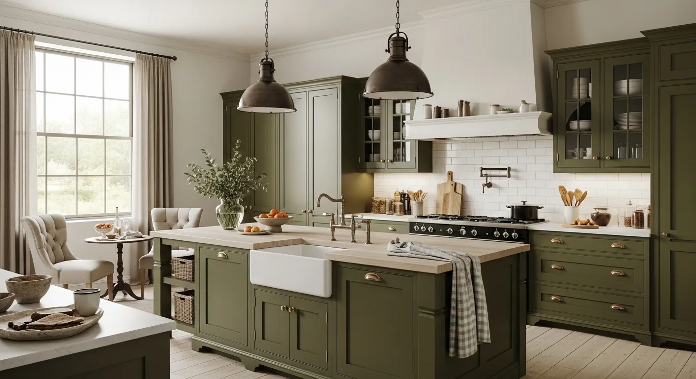 Olive green farmhouse kitchen featuring shaker cabinets and warm rustic wood accents