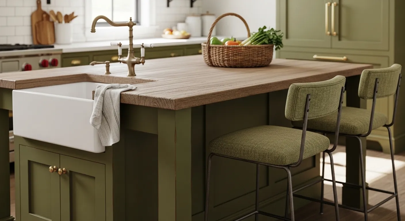 Olive green shaker cabinets in a rustic farmhouse kitchen with warm wood accents