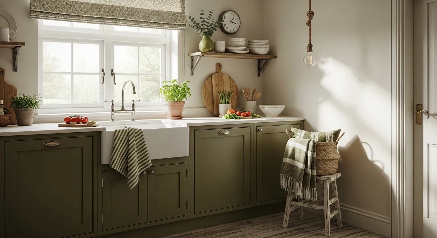 Olive green shaker cabinets with brass hardware and white countertops in a farmhouse kitchen