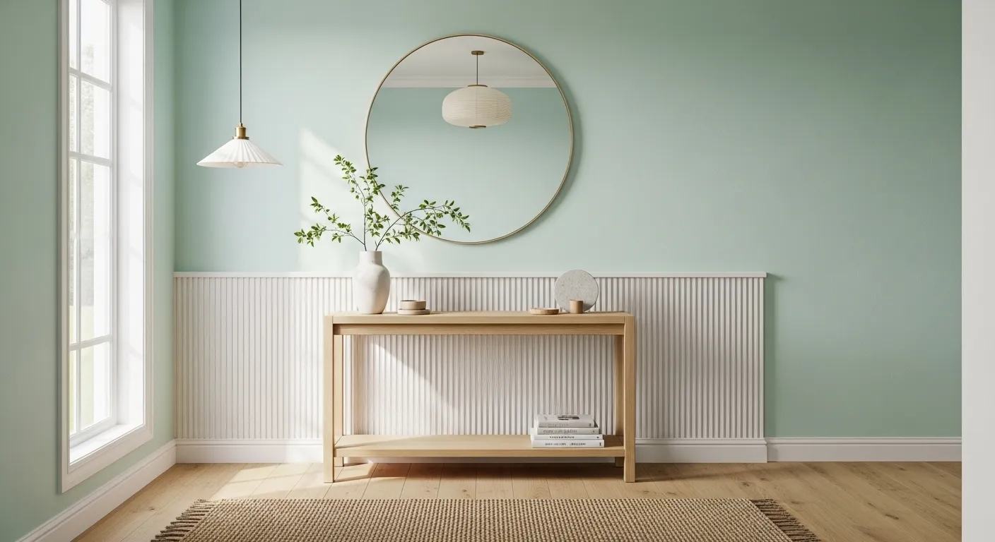 Minimalist Japandi entryway featuring pastel mint walls and light oak console table