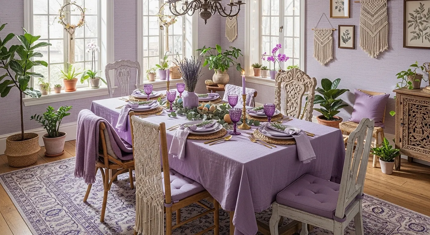 Pastel purple dining room featuring rattan chairs, macrame textures, and lush indoor plants