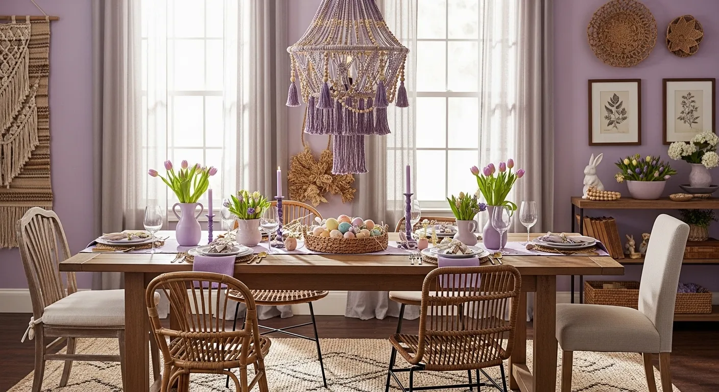 Bohemian dining room featuring soft lavender walls, rattan chairs, and natural wood accents
