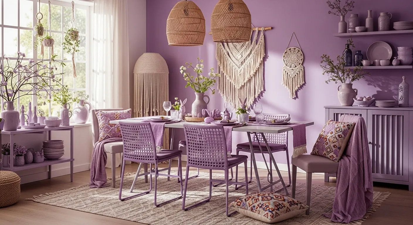 Bohemian dining room featuring soft lavender walls, rattan furniture, and hanging plants