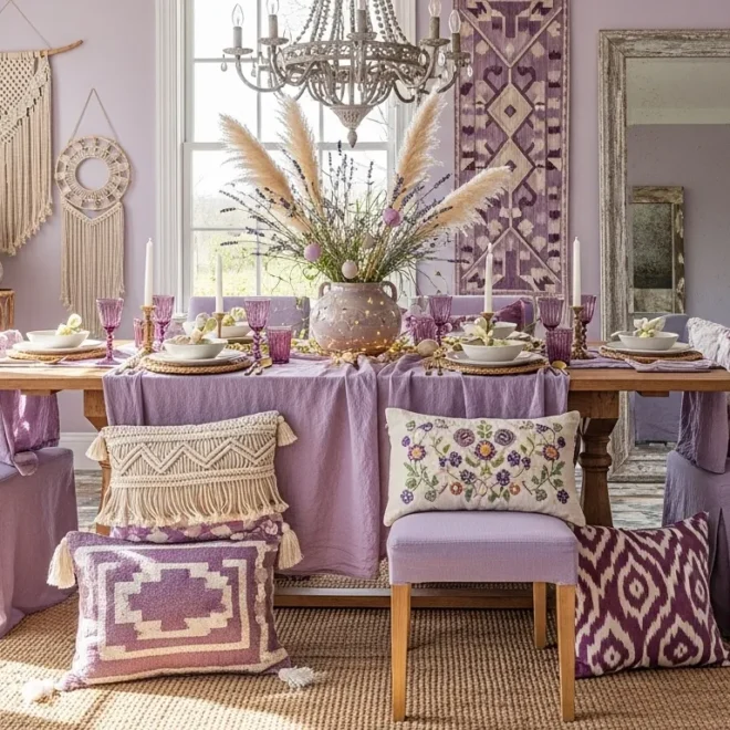Bohemian dining room featuring pastel purple walls, rattan chairs, and macrame accents