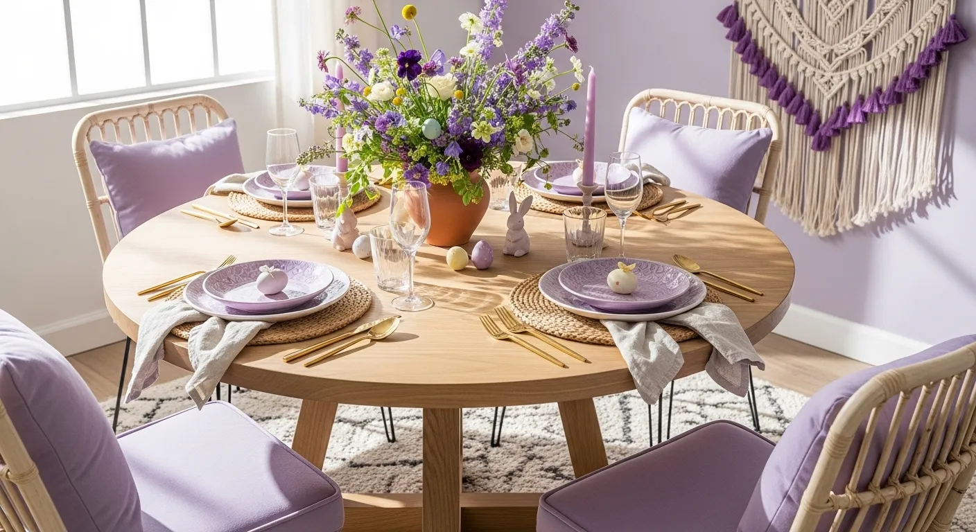 Boho dining room with pastel purple walls, rattan chairs, and hanging plants