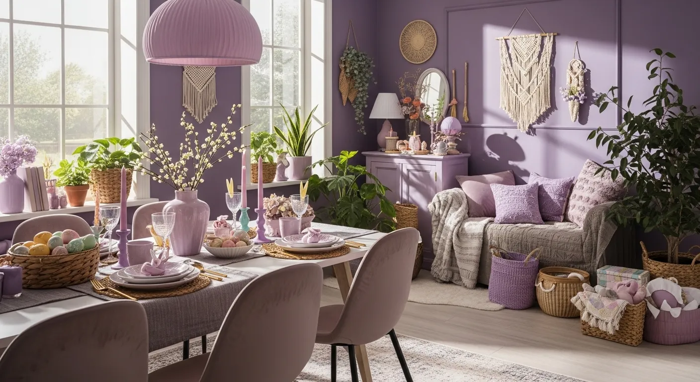 Pastel purple bohemian dining room featuring rattan chairs and rustic wood table